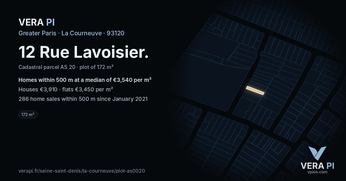 12 Rue Lavoisier, La Courneuve at night – the plot lit, the parcels around coloured by the prices near them