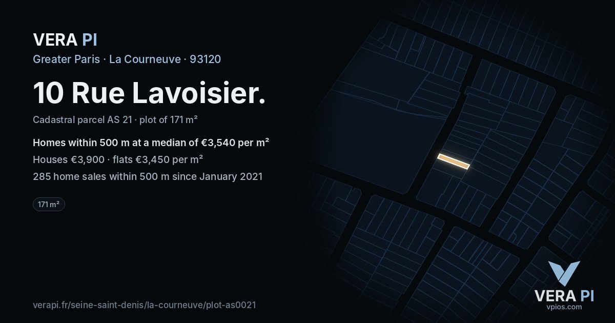 10 Rue Lavoisier, La Courneuve at night – the plot lit, the parcels around coloured by the prices near them