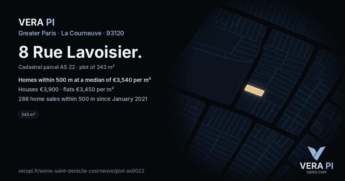 8 Rue Lavoisier, La Courneuve at night – the plot lit, the parcels around coloured by the prices near them