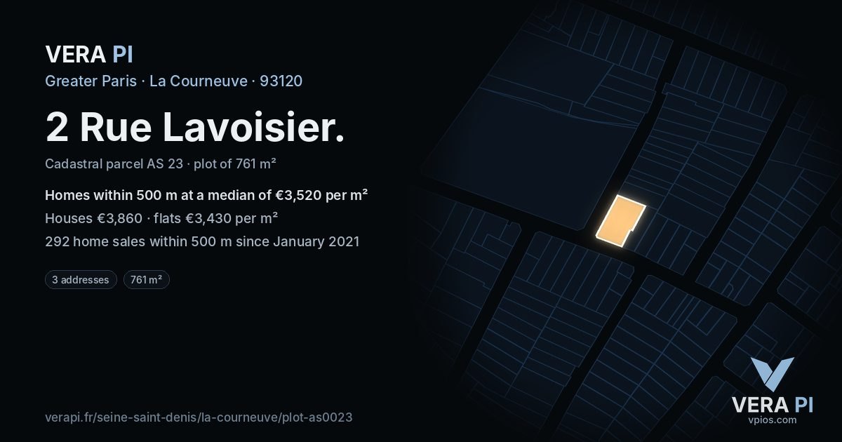 2 Rue Lavoisier, La Courneuve at night – the plot lit, the parcels around coloured by the prices near them