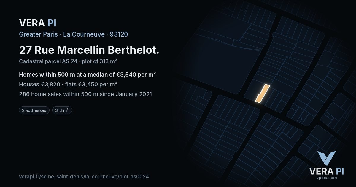 27 Rue Marcellin Berthelot, La Courneuve at night – the plot lit, the parcels around coloured by the prices near them