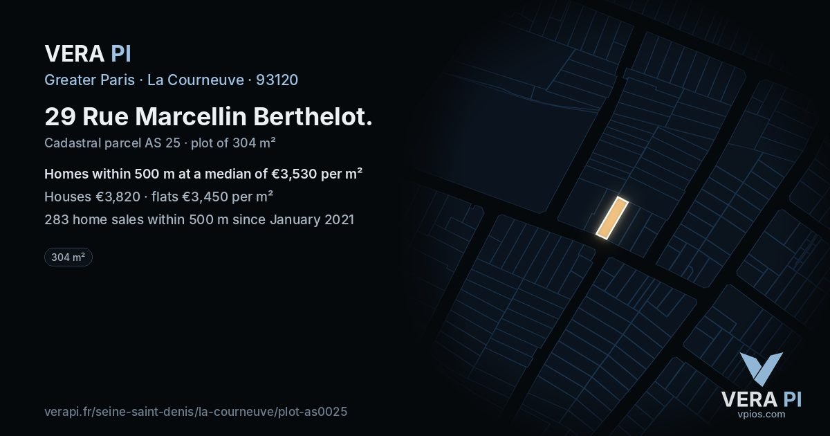 29 Rue Marcellin Berthelot, La Courneuve at night – the plot lit, the parcels around coloured by the prices near them