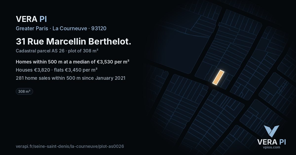 31 Rue Marcellin Berthelot, La Courneuve at night – the plot lit, the parcels around coloured by the prices near them