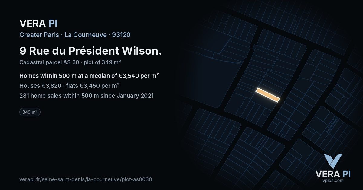 9 Rue du Président Wilson, La Courneuve at night – the plot lit, the parcels around coloured by the prices near them