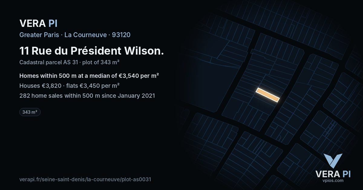 11 Rue du Président Wilson, La Courneuve at night – the plot lit, the parcels around coloured by the prices near them