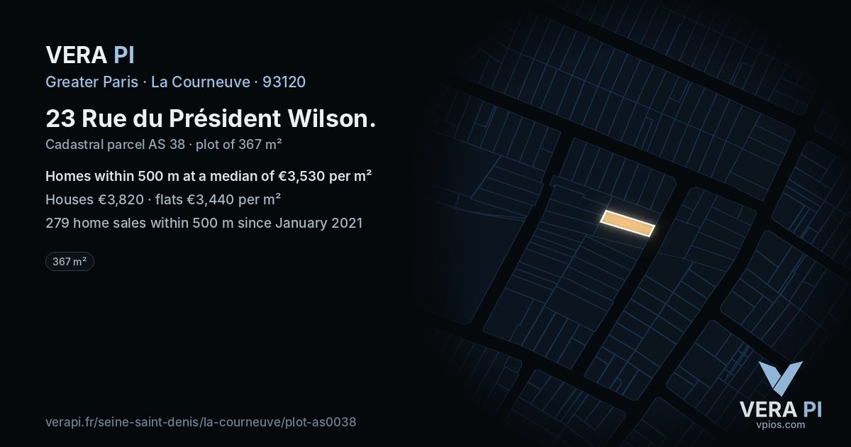23 Rue du Président Wilson, La Courneuve at night – the plot lit, the parcels around coloured by the prices near them