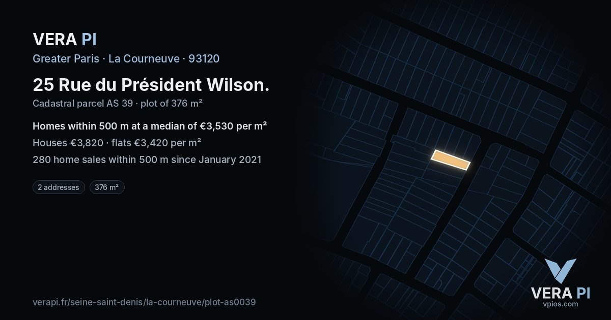 25 Rue du Président Wilson, La Courneuve at night – the plot lit, the parcels around coloured by the prices near them