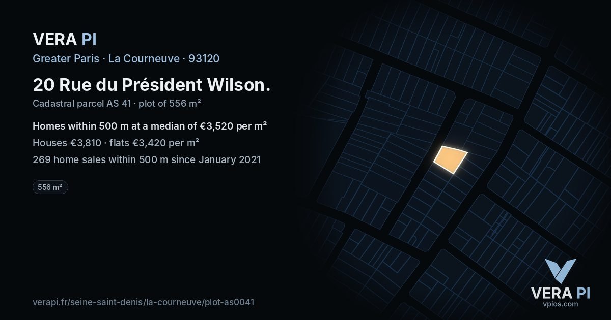 20 Rue du Président Wilson, La Courneuve at night – the plot lit, the parcels around coloured by the prices near them