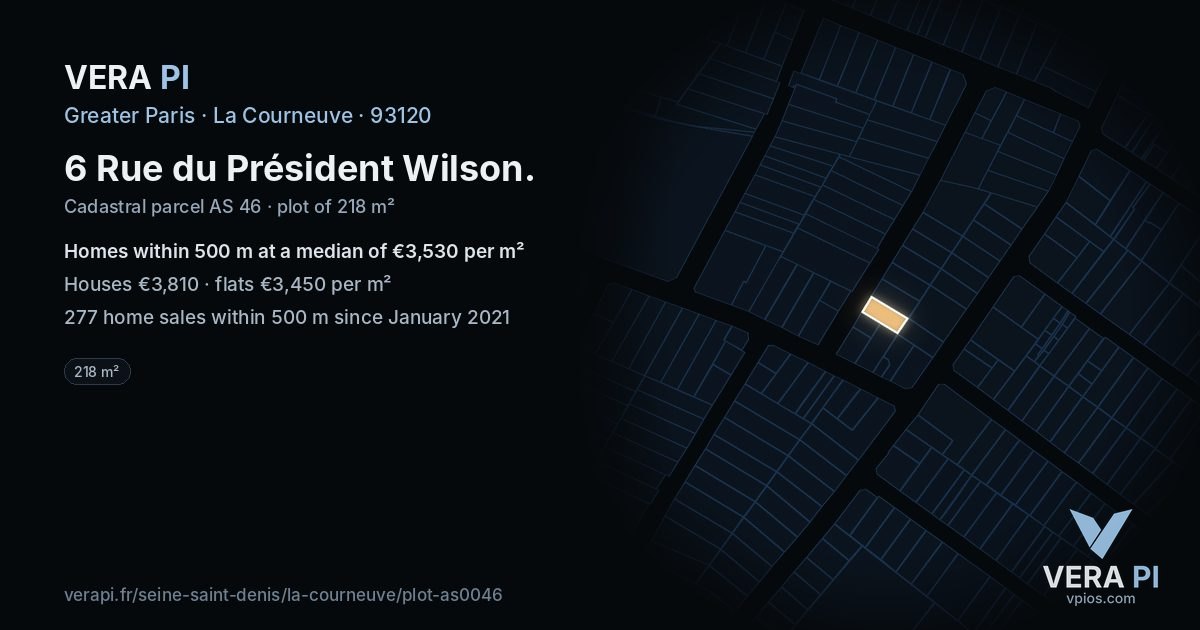 6 Rue du Président Wilson, La Courneuve at night – the plot lit, the parcels around coloured by the prices near them