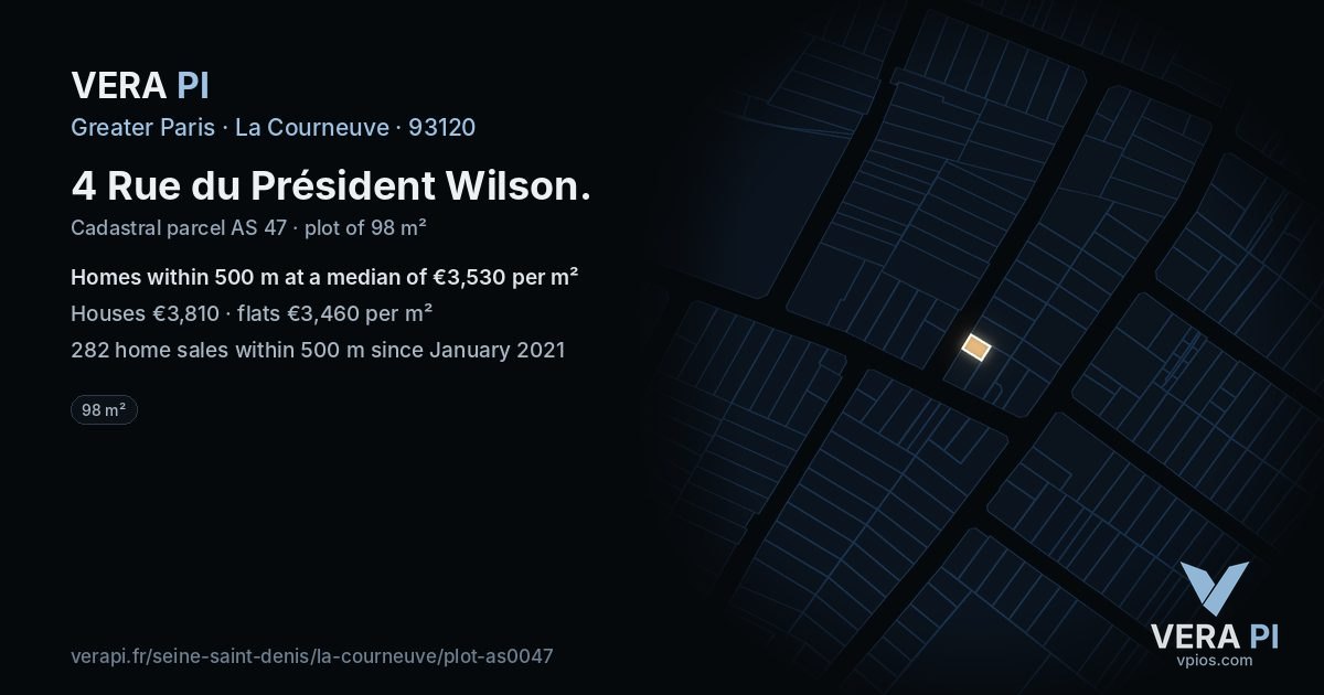 4 Rue du Président Wilson, La Courneuve at night – the plot lit, the parcels around coloured by the prices near them