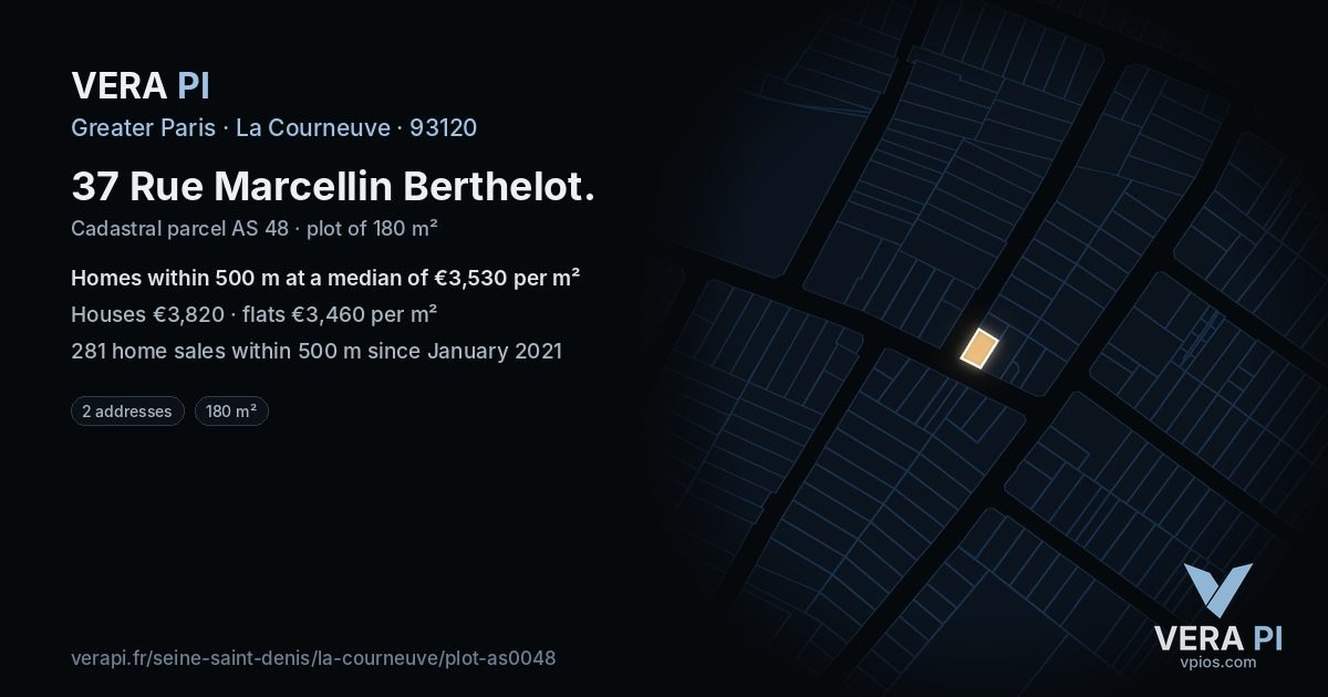 37 Rue Marcellin Berthelot, La Courneuve at night – the plot lit, the parcels around coloured by the prices near them