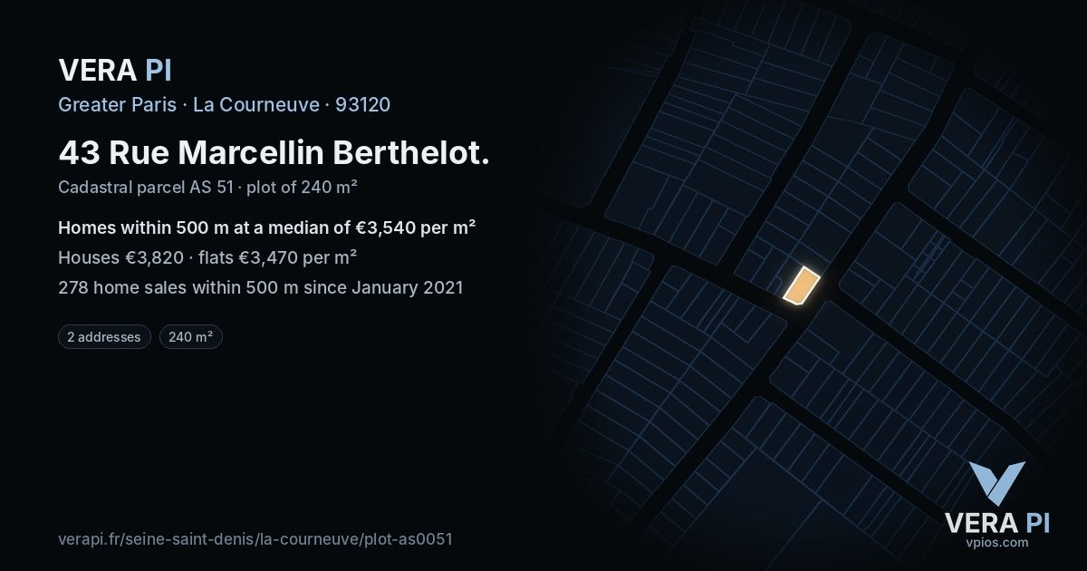 43 Rue Marcellin Berthelot, La Courneuve at night – the plot lit, the parcels around coloured by the prices near them