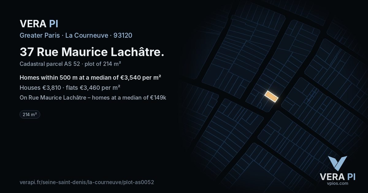 37 Rue Maurice Lachâtre, La Courneuve at night – the plot lit, the parcels around coloured by the prices near them