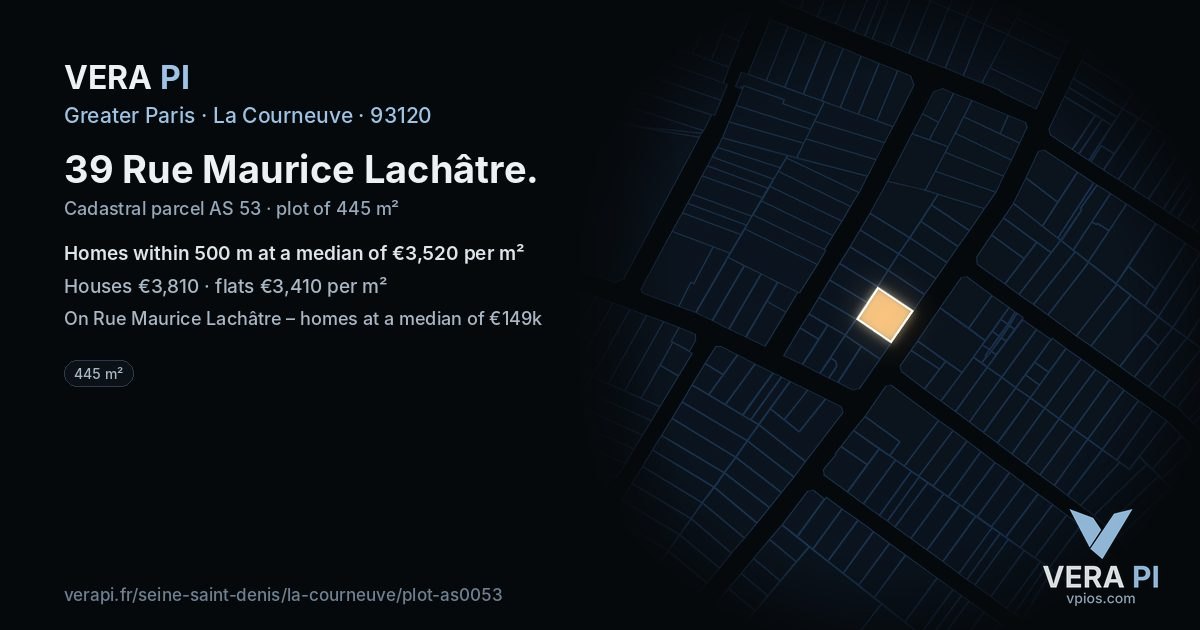 39 Rue Maurice Lachâtre, La Courneuve at night – the plot lit, the parcels around coloured by the prices near them