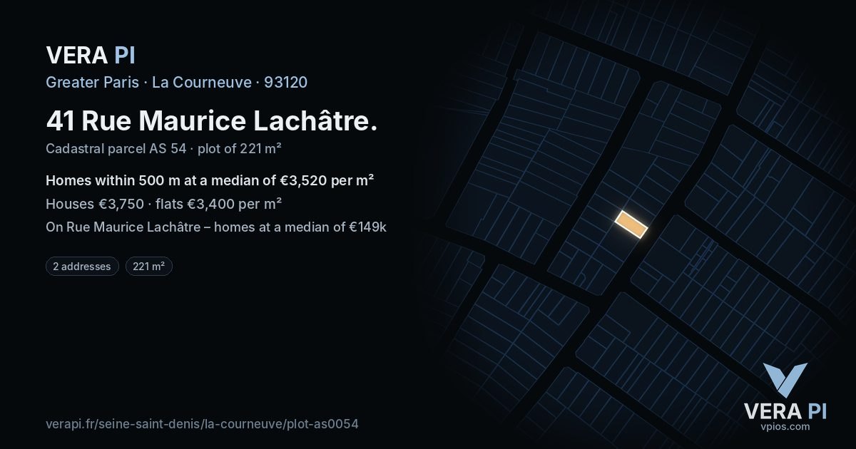 41 Rue Maurice Lachâtre, La Courneuve at night – the plot lit, the parcels around coloured by the prices near them
