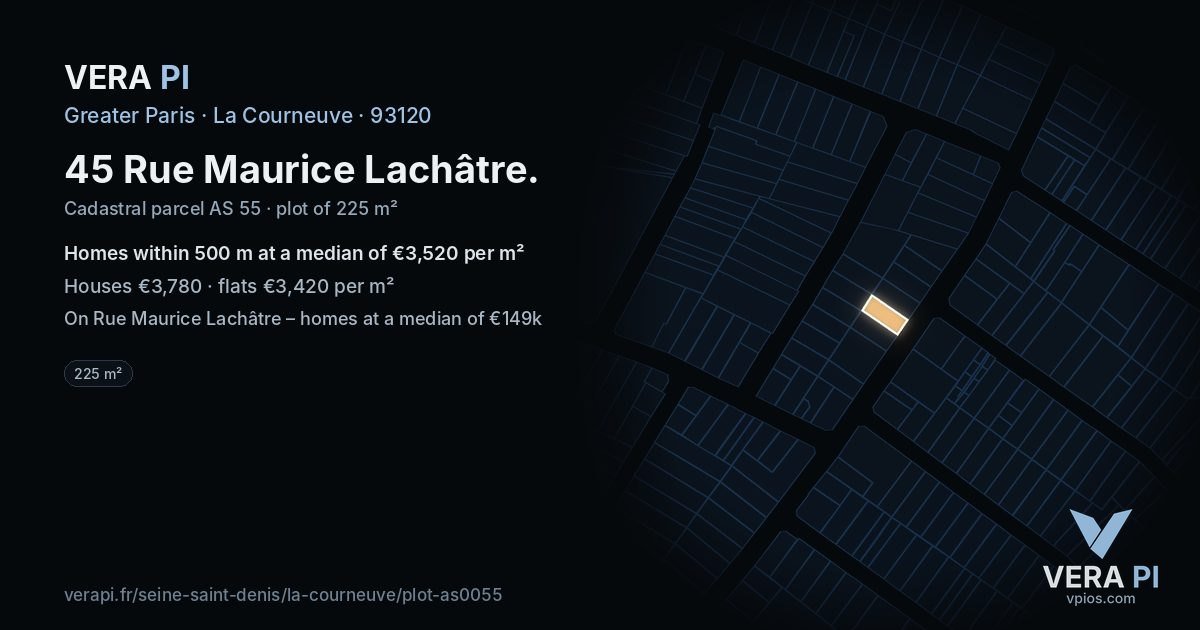 45 Rue Maurice Lachâtre, La Courneuve at night – the plot lit, the parcels around coloured by the prices near them