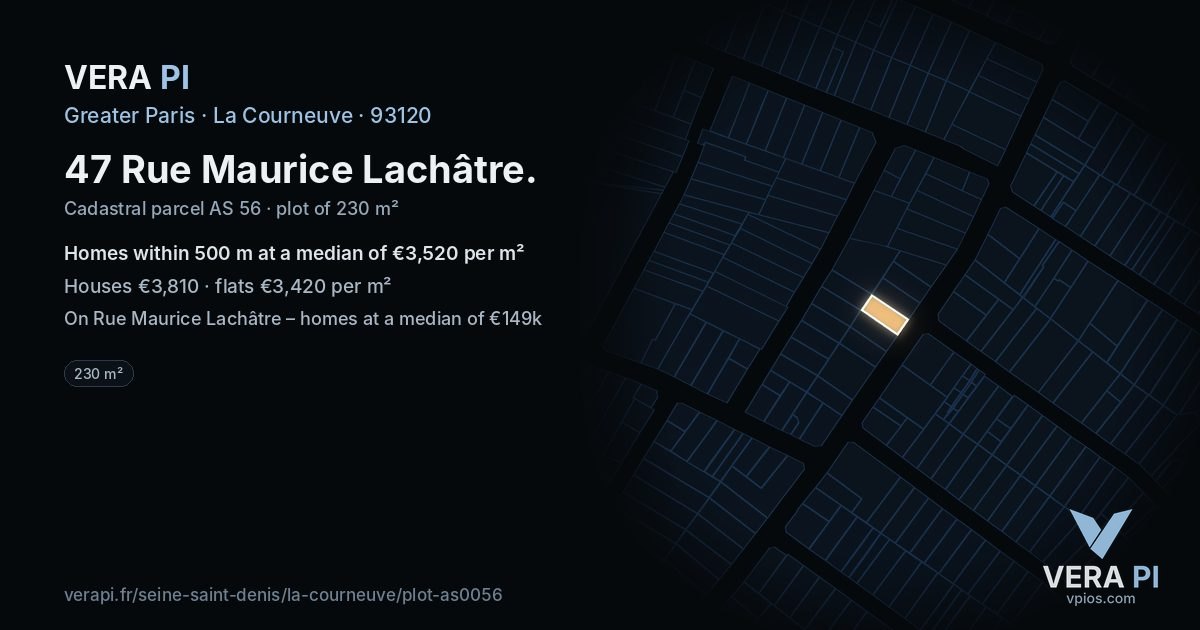 47 Rue Maurice Lachâtre, La Courneuve at night – the plot lit, the parcels around coloured by the prices near them