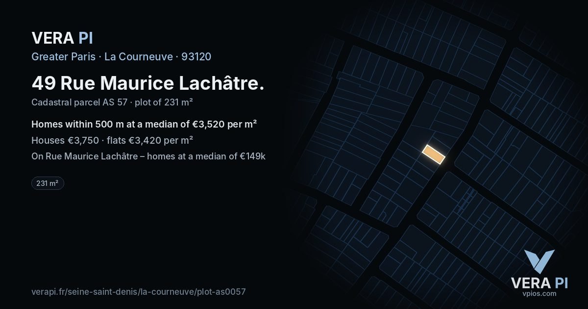 49 Rue Maurice Lachâtre, La Courneuve at night – the plot lit, the parcels around coloured by the prices near them