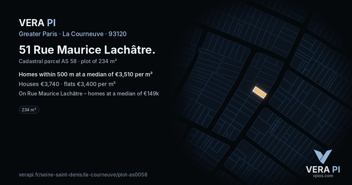 51 Rue Maurice Lachâtre, La Courneuve at night – the plot lit, the parcels around coloured by the prices near them