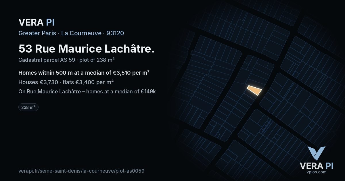 53 Rue Maurice Lachâtre, La Courneuve at night – the plot lit, the parcels around coloured by the prices near them