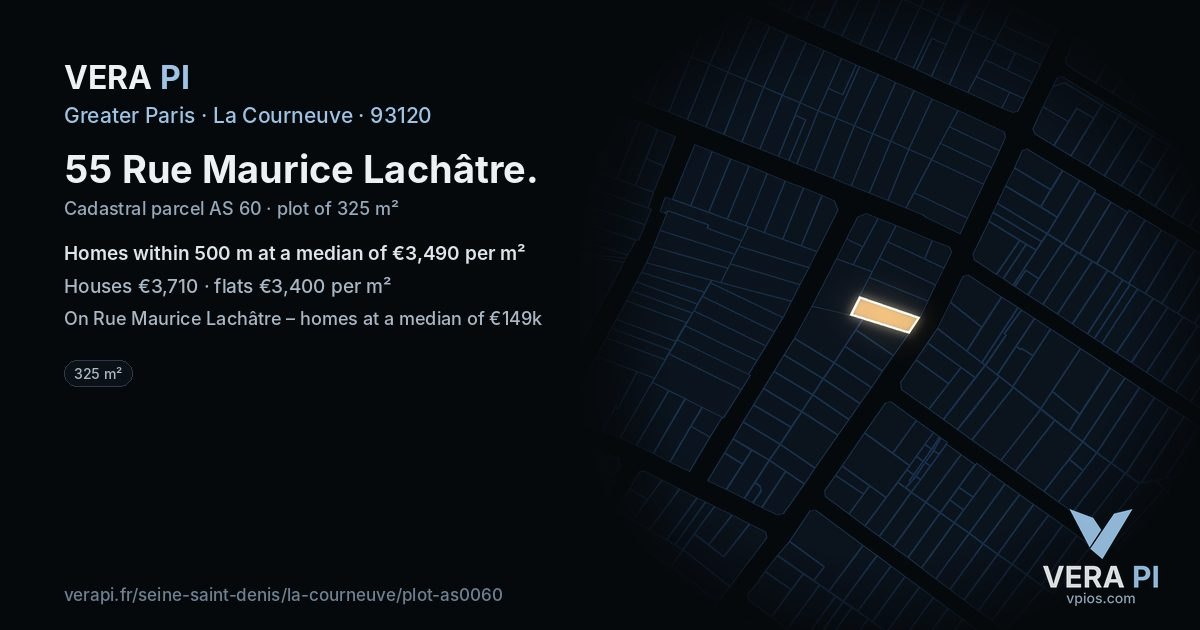 55 Rue Maurice Lachâtre, La Courneuve at night – the plot lit, the parcels around coloured by the prices near them