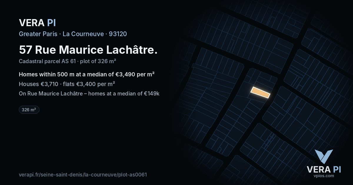 57 Rue Maurice Lachâtre, La Courneuve at night – the plot lit, the parcels around coloured by the prices near them