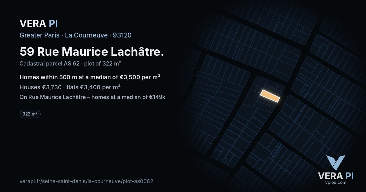 59 Rue Maurice Lachâtre, La Courneuve at night – the plot lit, the parcels around coloured by the prices near them