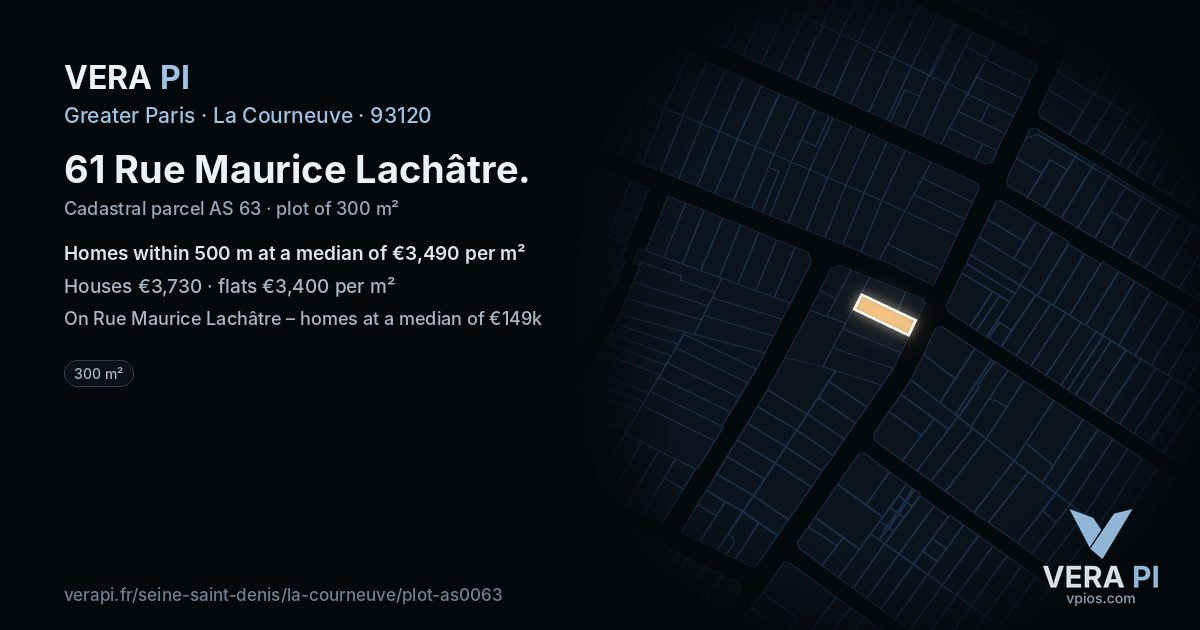 61 Rue Maurice Lachâtre, La Courneuve at night – the plot lit, the parcels around coloured by the prices near them