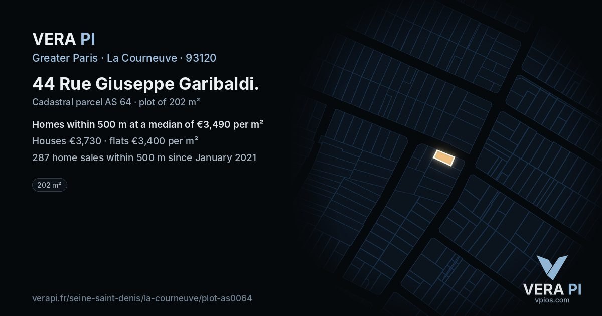 44 Rue Giuseppe Garibaldi, La Courneuve at night – the plot lit, the parcels around coloured by the prices near them