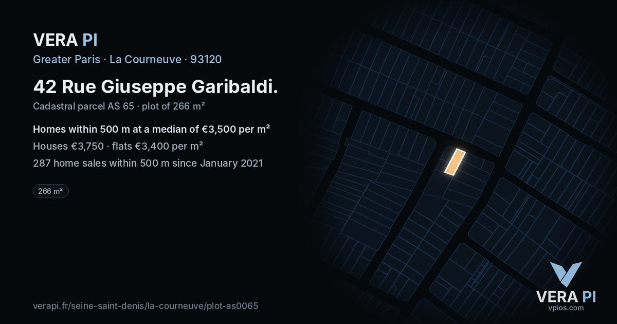 42 Rue Giuseppe Garibaldi, La Courneuve at night – the plot lit, the parcels around coloured by the prices near them