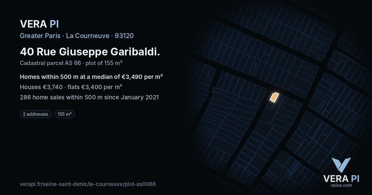 40 Rue Giuseppe Garibaldi, La Courneuve at night – the plot lit, the parcels around coloured by the prices near them
