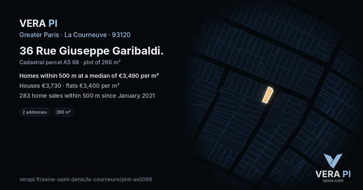 36 Rue Giuseppe Garibaldi, La Courneuve at night – the plot lit, the parcels around coloured by the prices near them