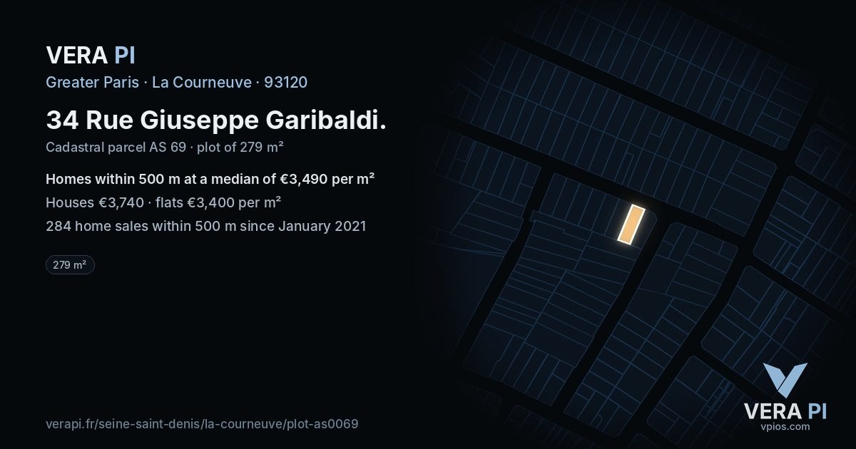 34 Rue Giuseppe Garibaldi, La Courneuve at night – the plot lit, the parcels around coloured by the prices near them