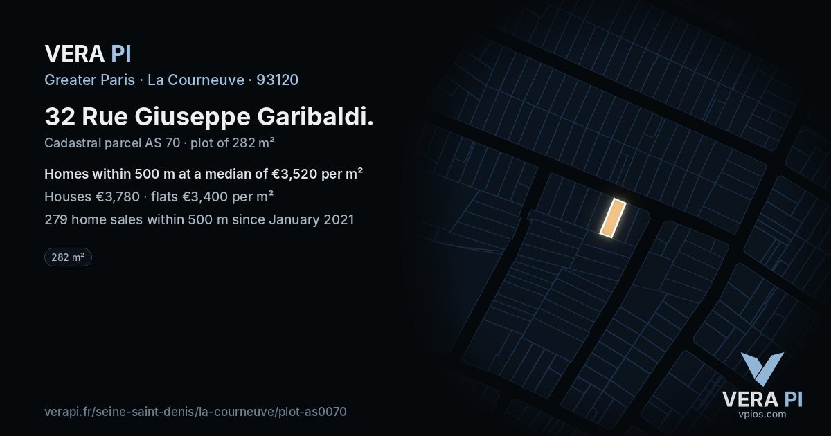 32 Rue Giuseppe Garibaldi, La Courneuve at night – the plot lit, the parcels around coloured by the prices near them