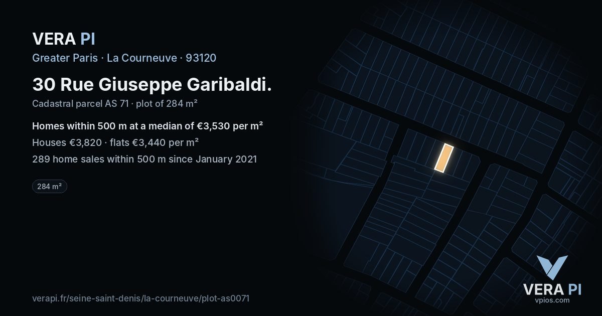 30 Rue Giuseppe Garibaldi, La Courneuve at night – the plot lit, the parcels around coloured by the prices near them