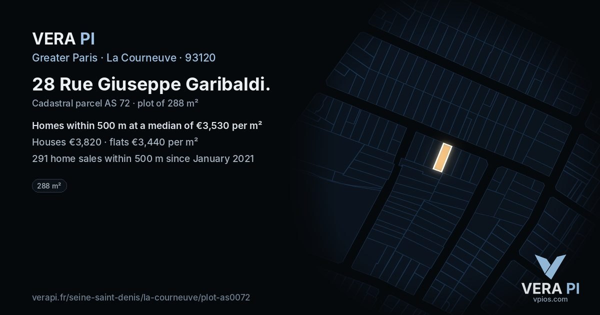 28 Rue Giuseppe Garibaldi, La Courneuve at night – the plot lit, the parcels around coloured by the prices near them