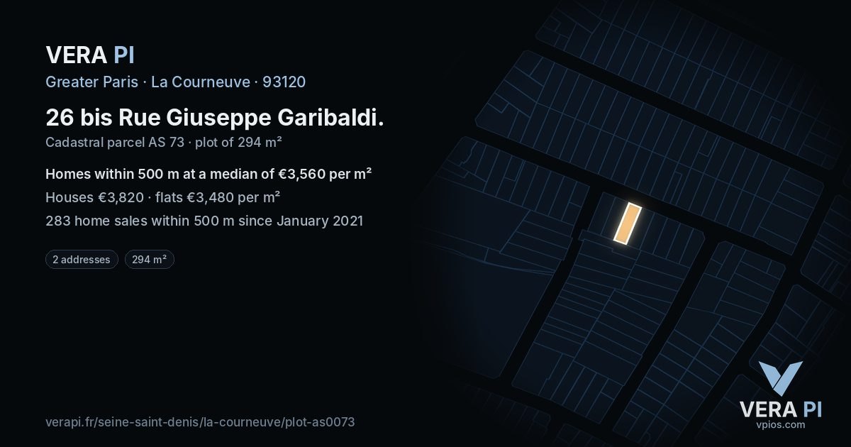 26 bis Rue Giuseppe Garibaldi, La Courneuve at night – the plot lit, the parcels around coloured by the prices near them