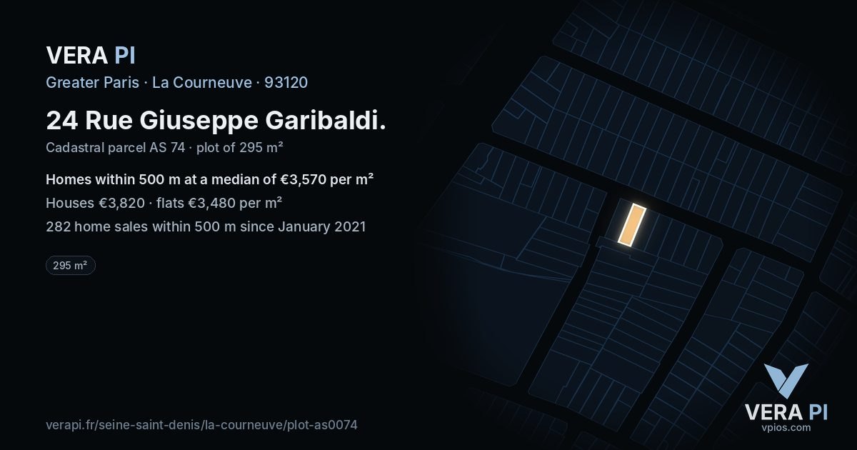 24 Rue Giuseppe Garibaldi, La Courneuve at night – the plot lit, the parcels around coloured by the prices near them