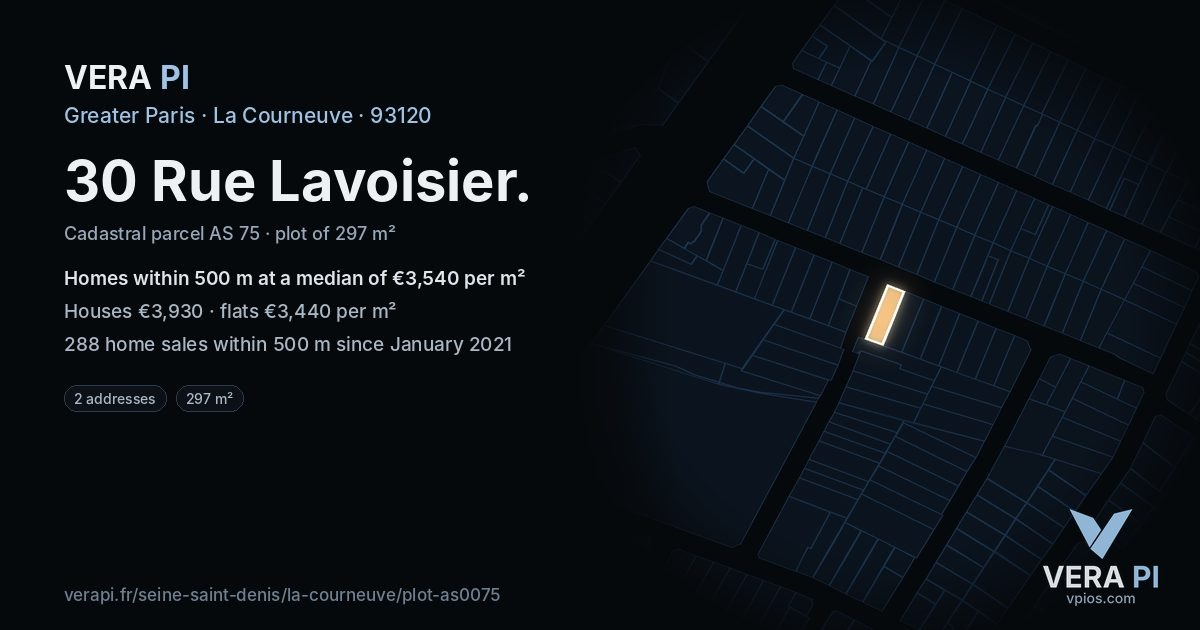 30 Rue Lavoisier, La Courneuve at night – the plot lit, the parcels around coloured by the prices near them