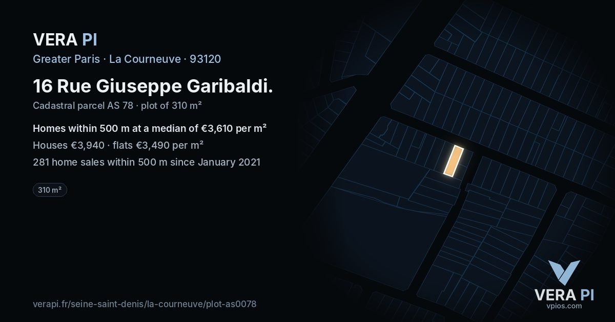 16 Rue Giuseppe Garibaldi, La Courneuve at night – the plot lit, the parcels around coloured by the prices near them