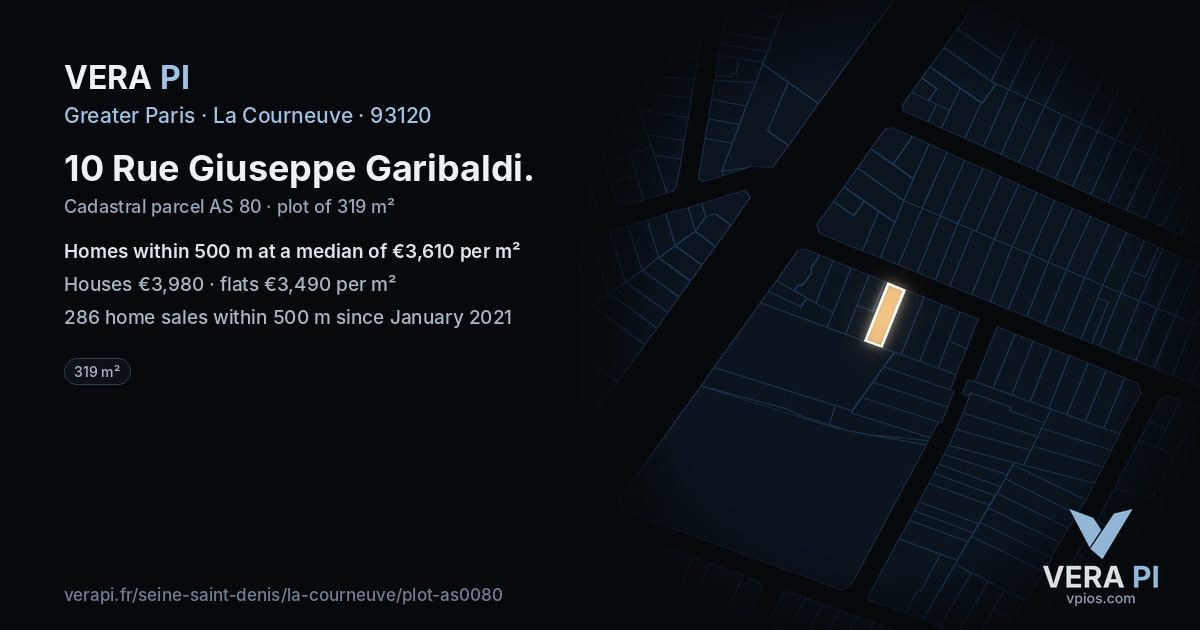 10 Rue Giuseppe Garibaldi, La Courneuve at night – the plot lit, the parcels around coloured by the prices near them