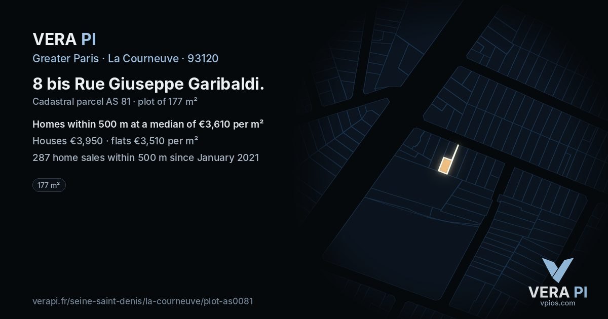 8 bis Rue Giuseppe Garibaldi, La Courneuve at night – the plot lit, the parcels around coloured by the prices near them