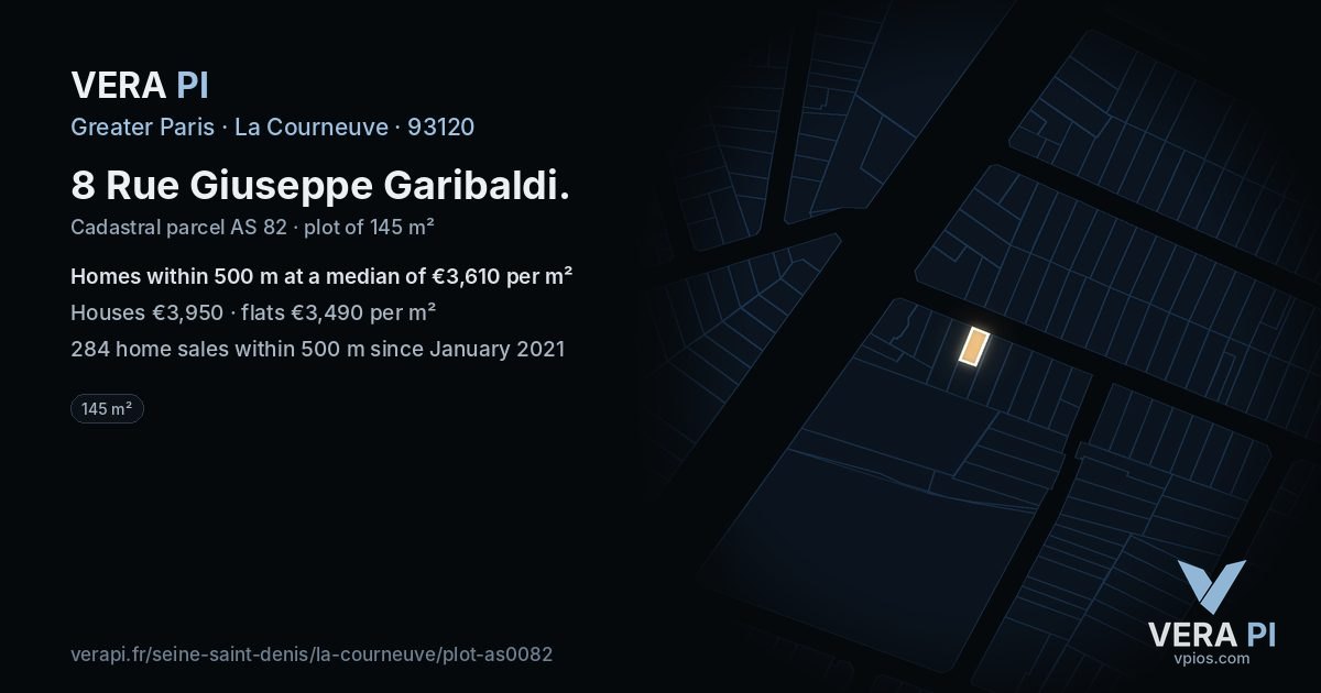 8 Rue Giuseppe Garibaldi, La Courneuve at night – the plot lit, the parcels around coloured by the prices near them