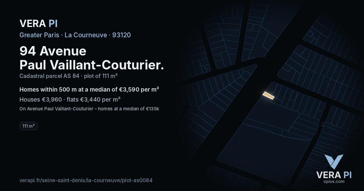 94 Avenue Paul Vaillant-Couturier, La Courneuve at night – the plot lit, the parcels around coloured by the prices near them