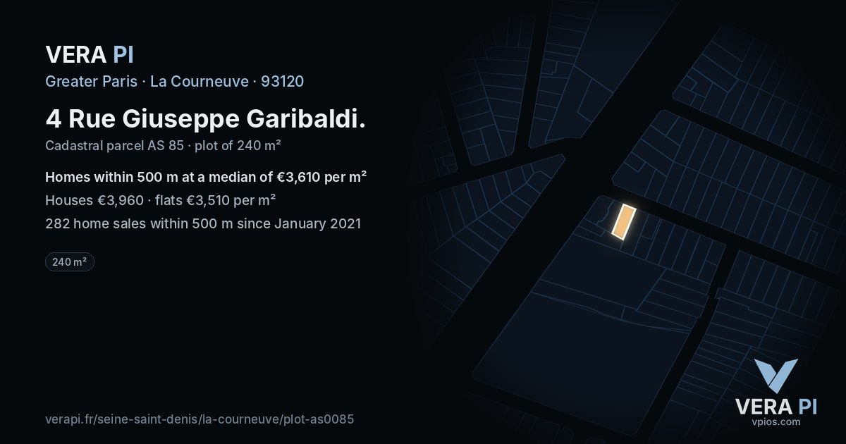 4 Rue Giuseppe Garibaldi, La Courneuve at night – the plot lit, the parcels around coloured by the prices near them