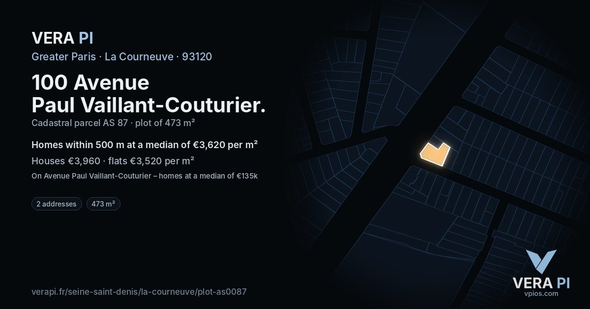100 Avenue Paul Vaillant-Couturier, La Courneuve at night – the plot lit, the parcels around coloured by the prices near them