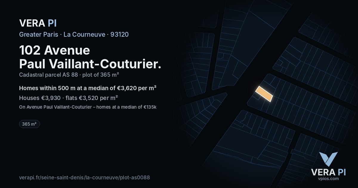 102 Avenue Paul Vaillant-Couturier, La Courneuve at night – the plot lit, the parcels around coloured by the prices near them