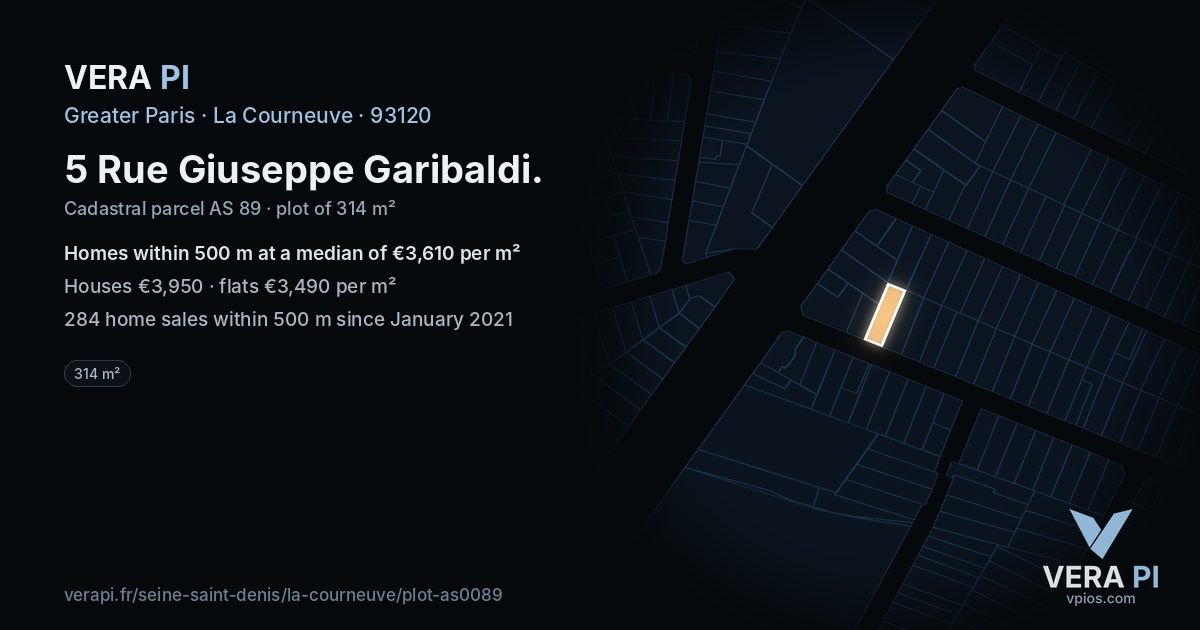 5 Rue Giuseppe Garibaldi, La Courneuve at night – the plot lit, the parcels around coloured by the prices near them