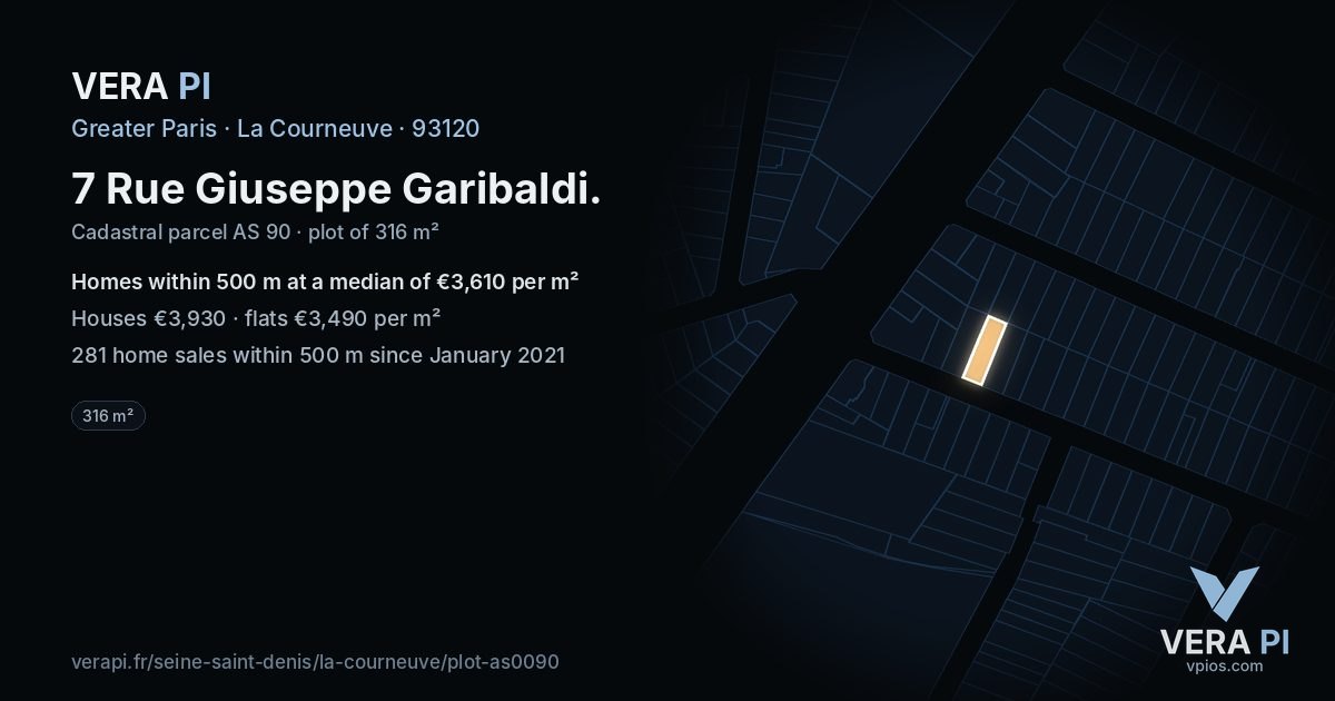 7 Rue Giuseppe Garibaldi, La Courneuve at night – the plot lit, the parcels around coloured by the prices near them