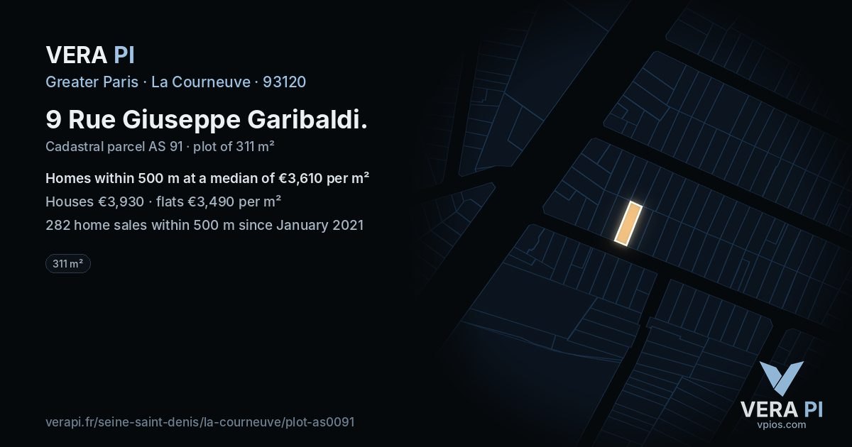 9 Rue Giuseppe Garibaldi, La Courneuve at night – the plot lit, the parcels around coloured by the prices near them